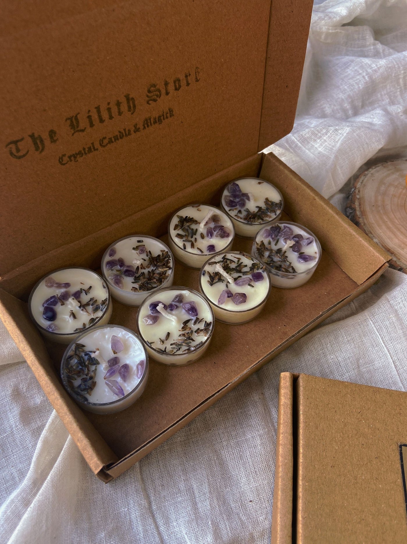 Scented Tea Light Candles - Infused with Lavender & Amethyst - Set of 8