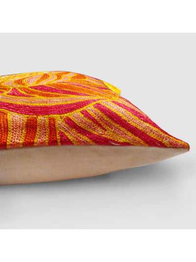 Lotus Chainstitch Embroidered  Cushion Cover Red & Yellow