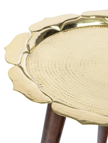 Brass Lotus Accent Table - Wooden Legs