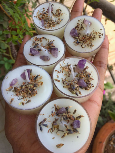Scented Tea Light Candles - Infused with Lavender & Amethyst - Set of 8