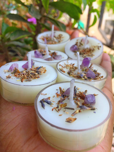 Scented Tea Light Candles - Infused with Lavender & Amethyst - Set of 8