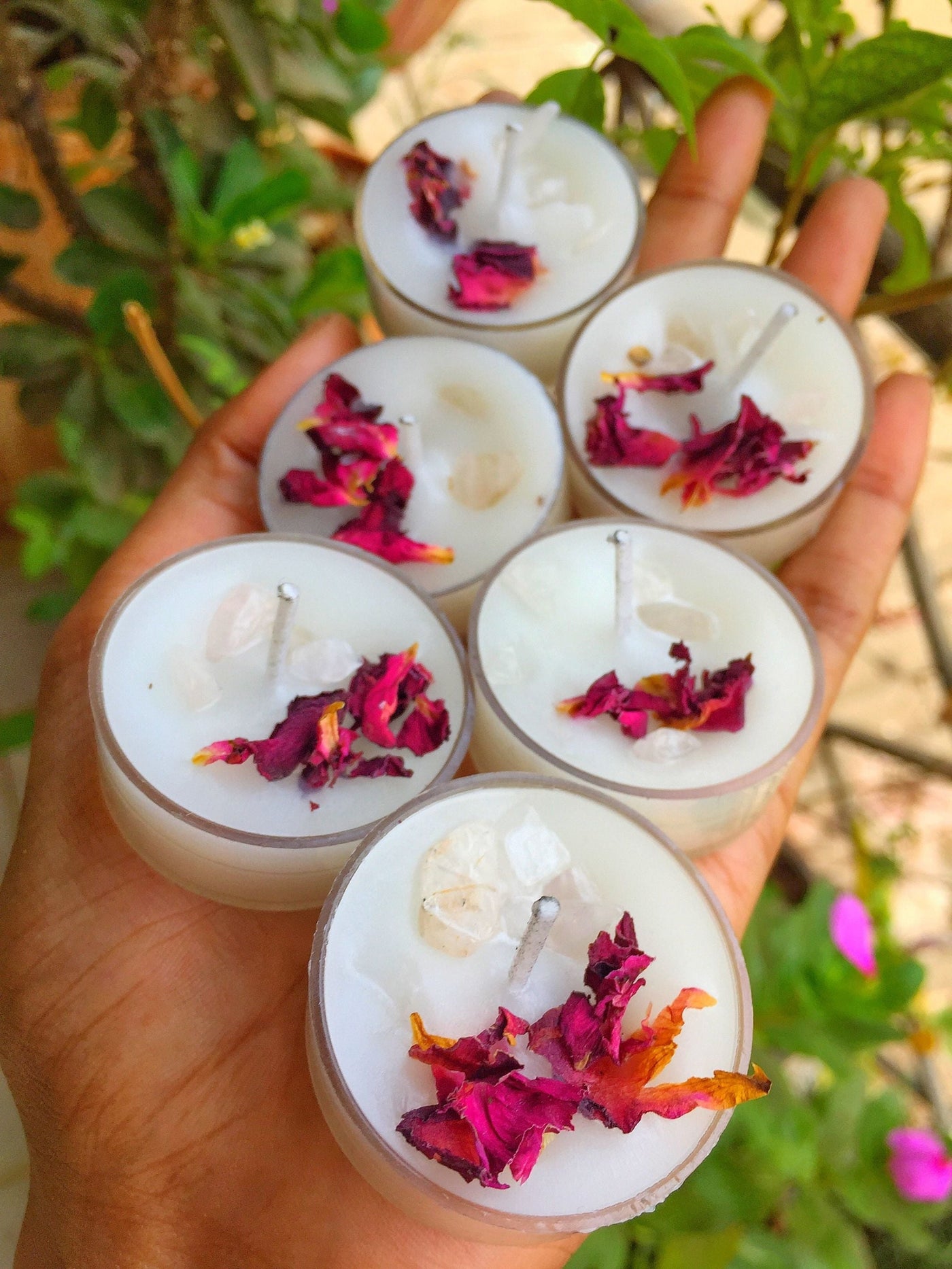 Scented Tea Light Candles Infused with Rose Petals & Rose Quartz - Set of 8