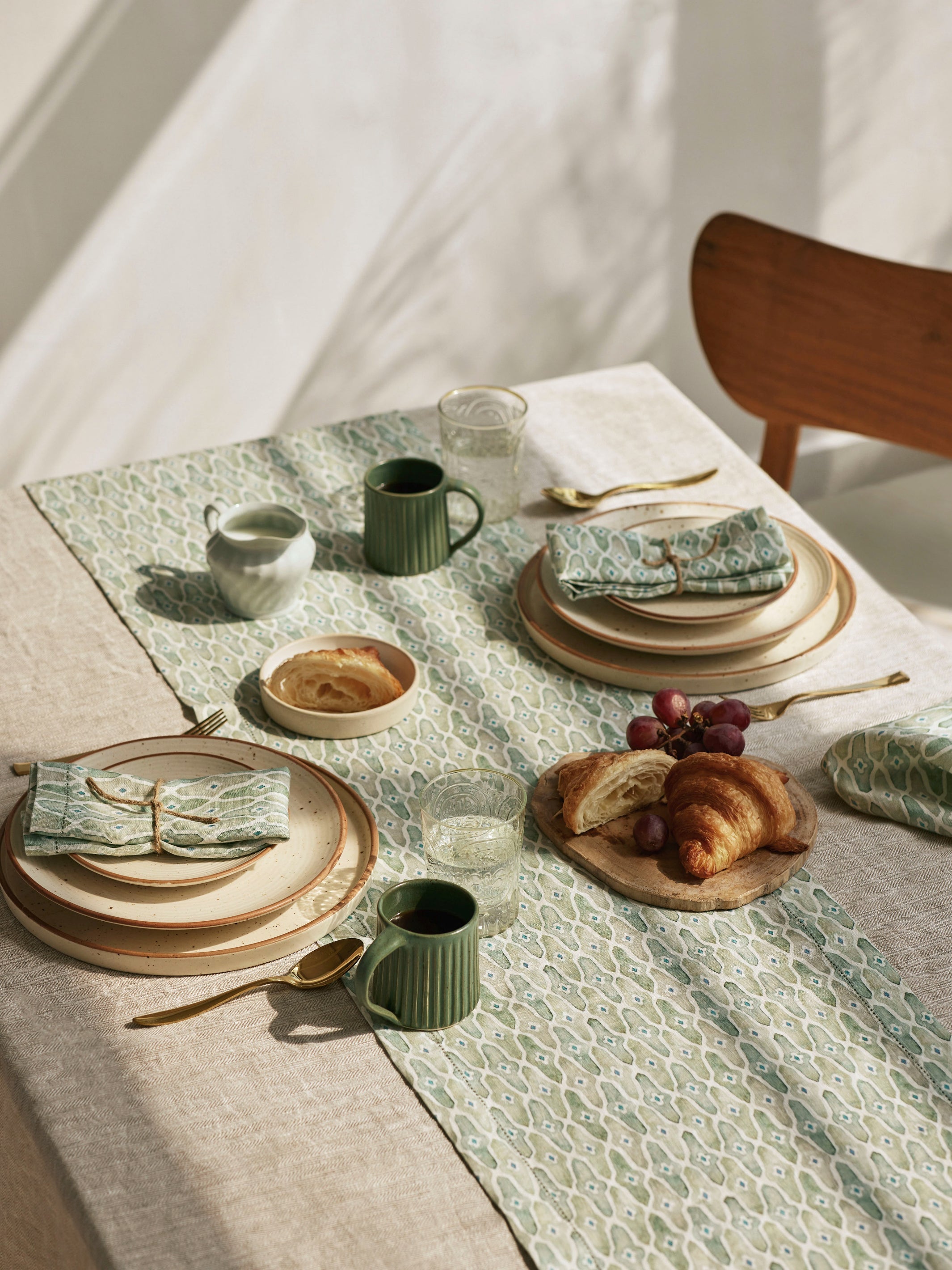 Mosaic Sage Linen Table Runner
