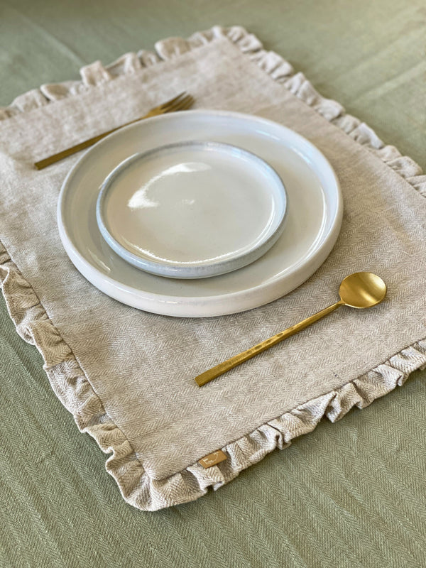 Herringbone Ruffle Table Mat - Oatmeal Set of 2