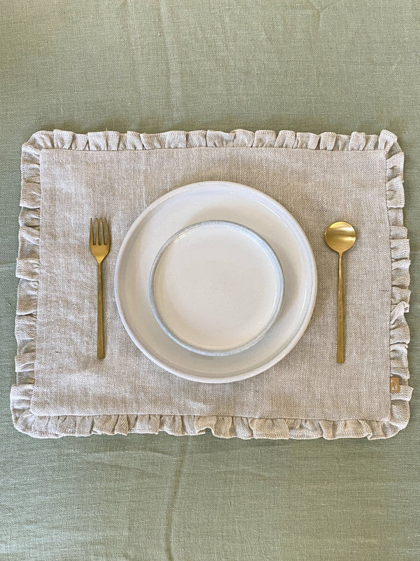 Herringbone Ruffle Table Mat - Oatmeal Set of 2