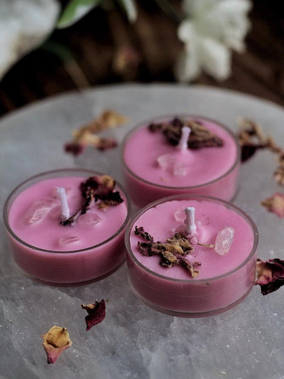 Pink Scented Tea Light Candles - Rose Petals & Rose Quartz - Set of 8