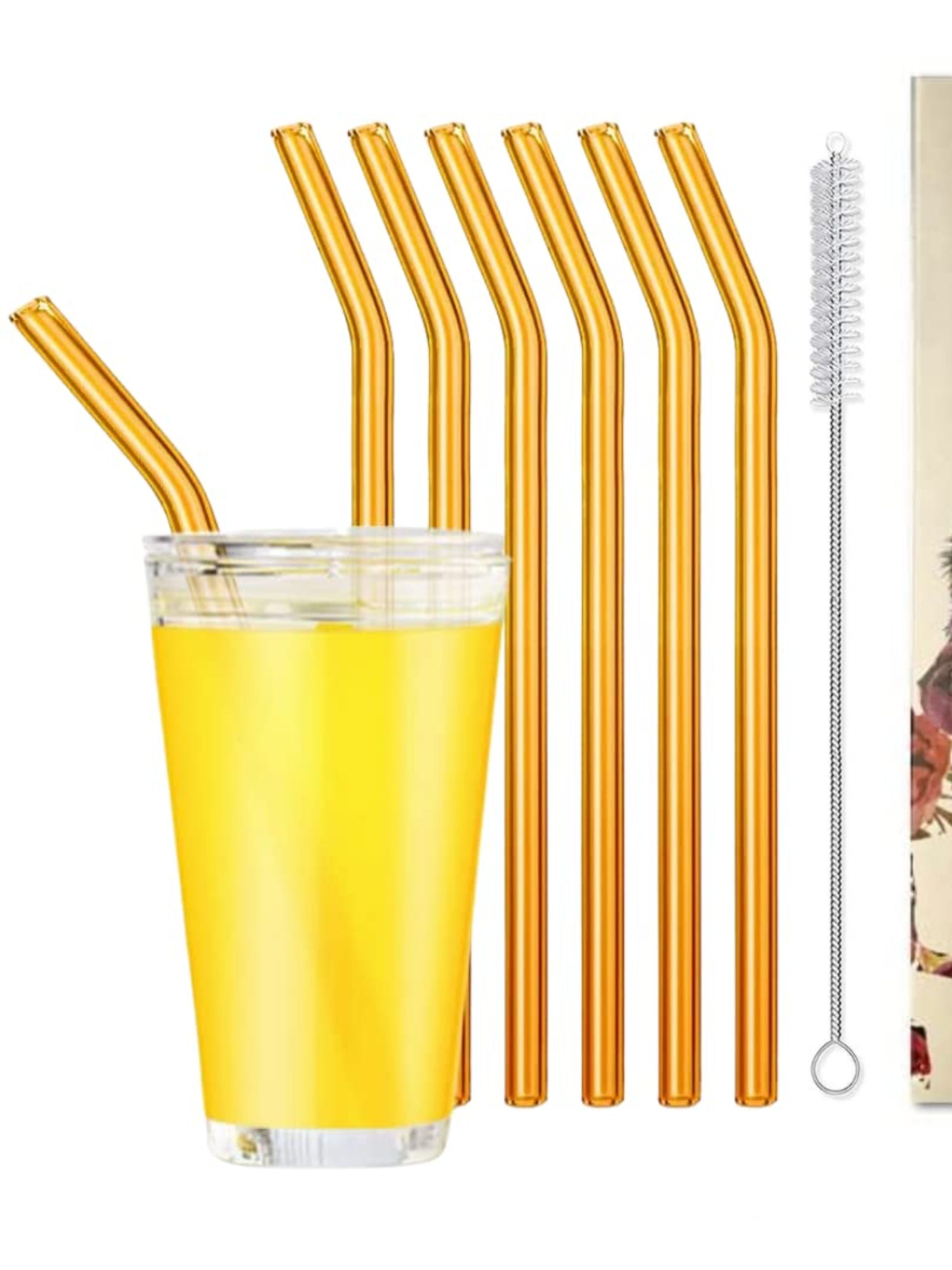 Amber Transparent Glass Straws 6 pcs with brush