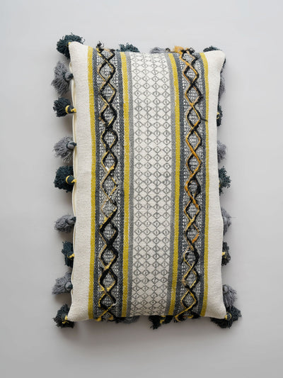 Argyle Block Print Woven Tassel Cushion