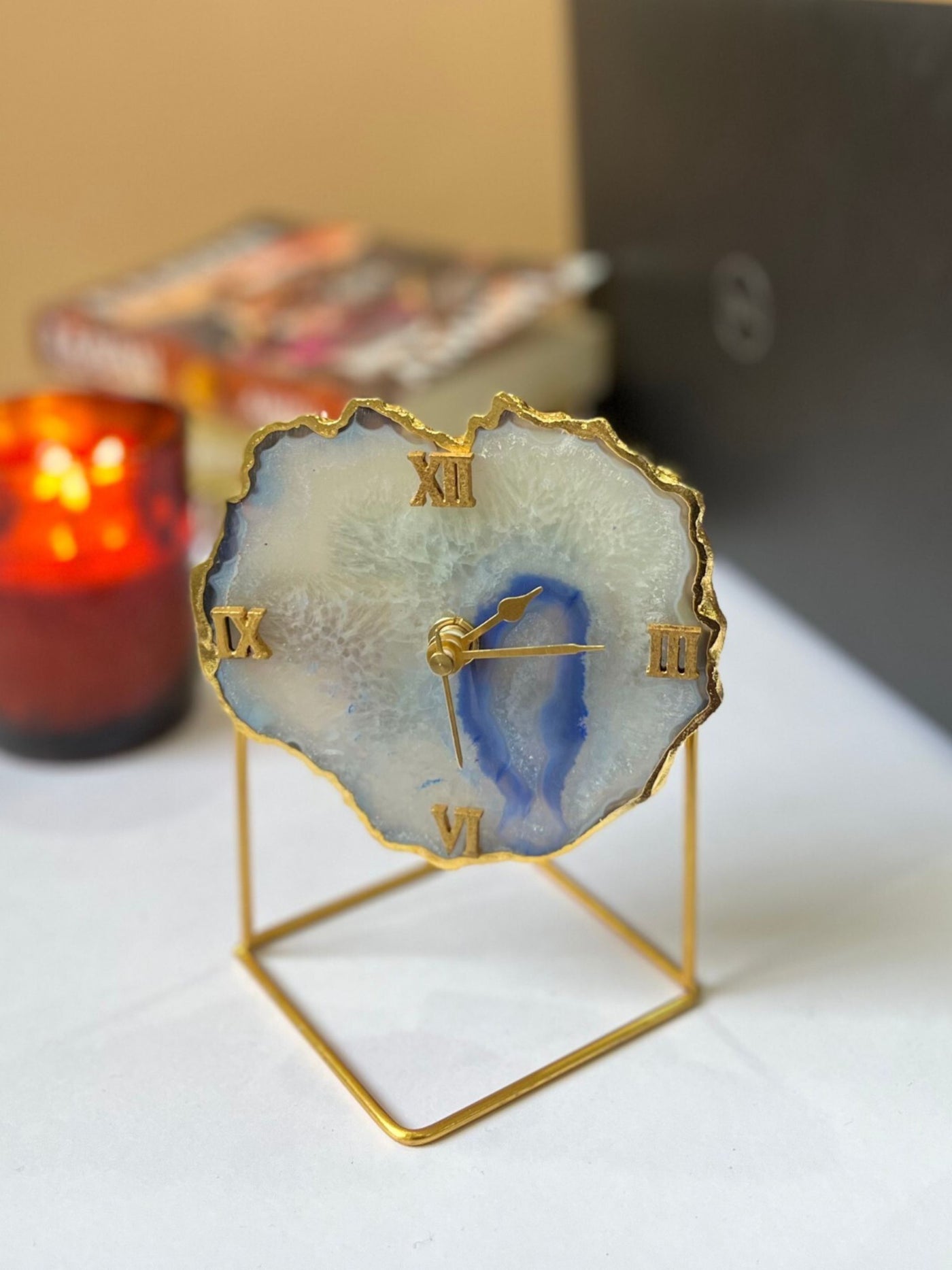 Desk Clock with Metal Stand - Brazilian Agate Blue