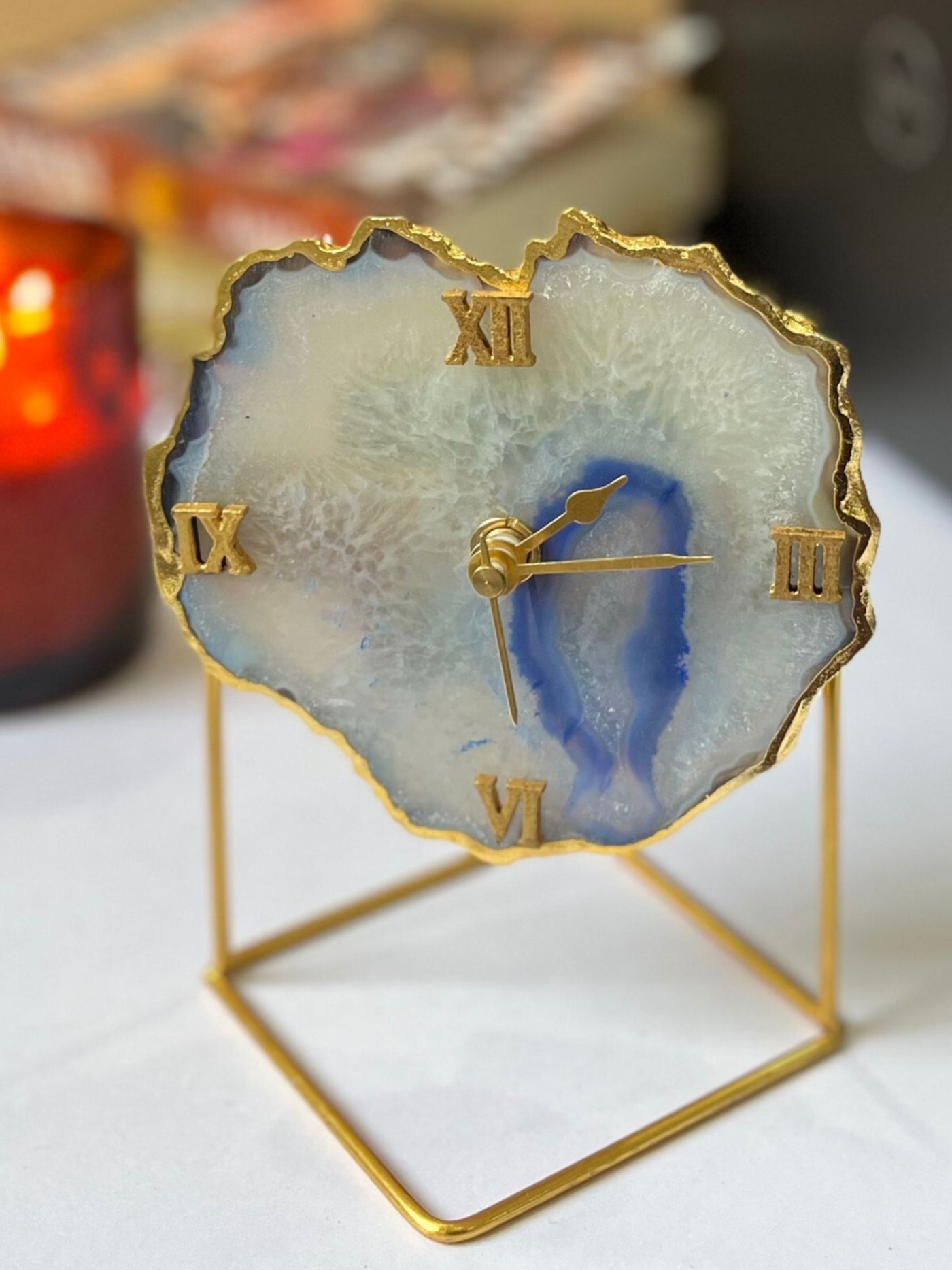 Desk Clock with Metal Stand - Brazilian Agate Blue