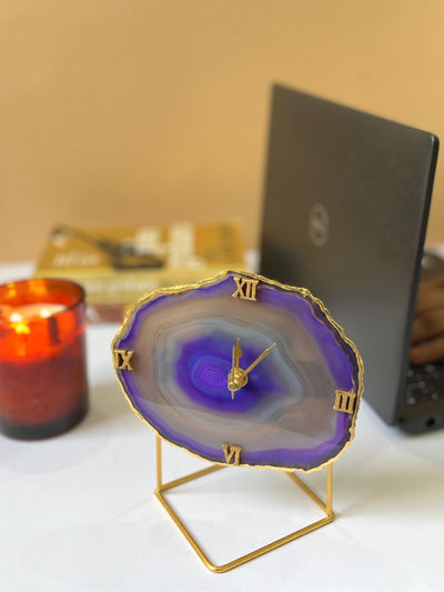 Desk Clock with Metal Stand - Brazilian Agate Purple