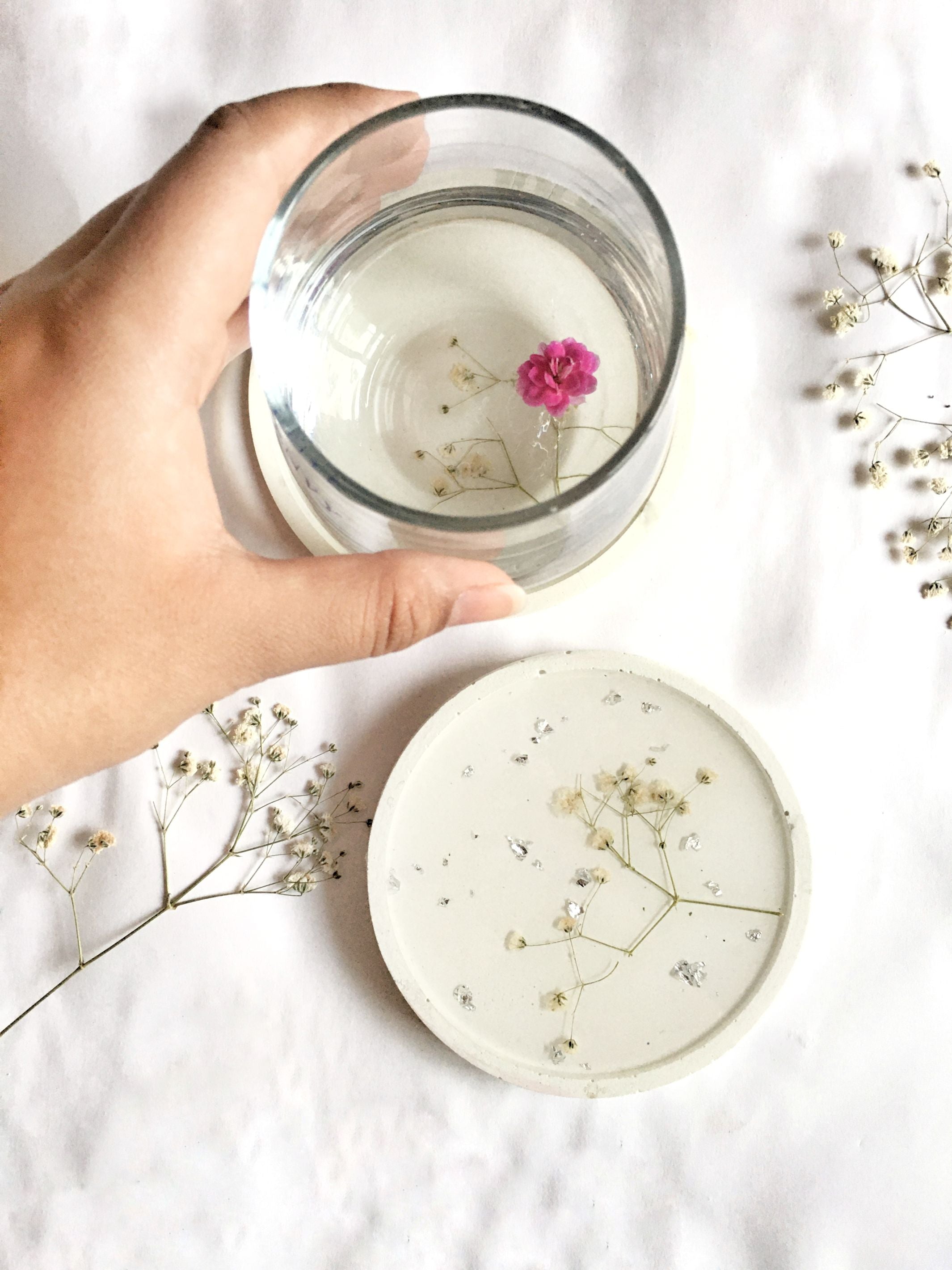 Concrete Gypsophilla Resin Coaster (set of 2)