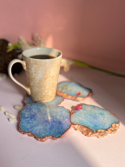 Coaster Set of 4 - Crystal Blue Agate with Rose Gold Edging