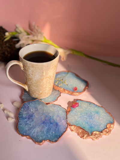 Coaster Set of 4 - Crystal Blue Agate with Rose Gold Edging