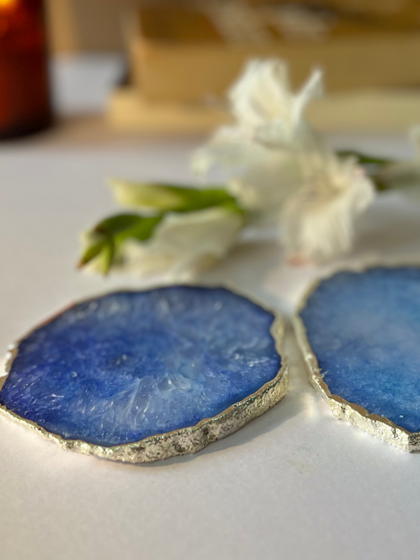 Silver Plated Coaster Set of 2 - Crystal Blue Agate