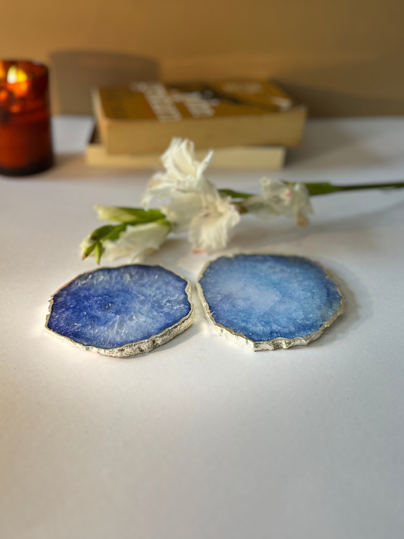 Silver Plated Coaster Set of 2 - Crystal Blue Agate