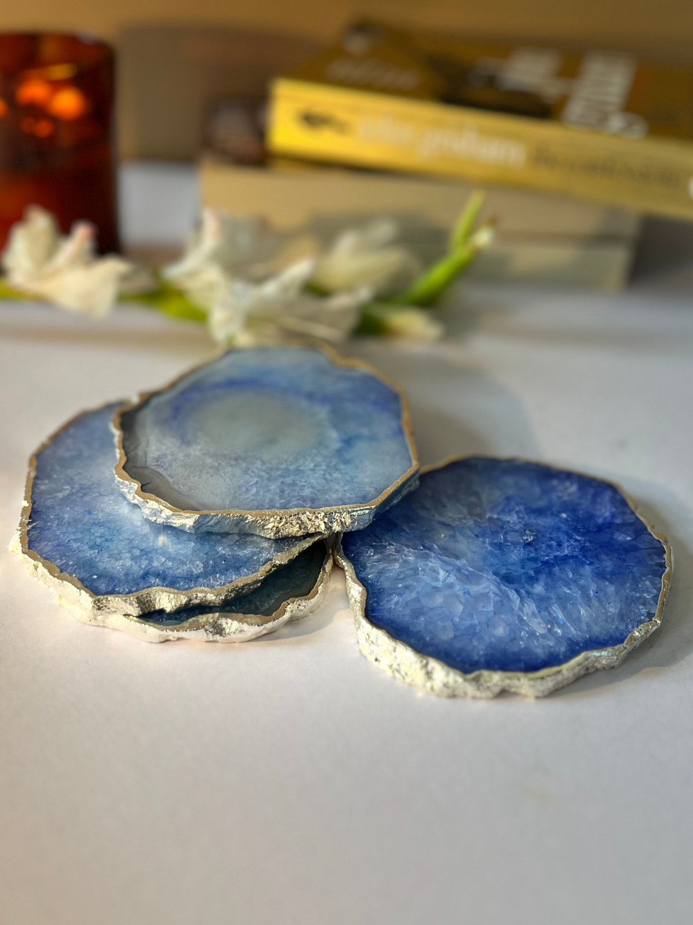 Silver Plated Coaster Set of 4 - Crystal Blue Agate