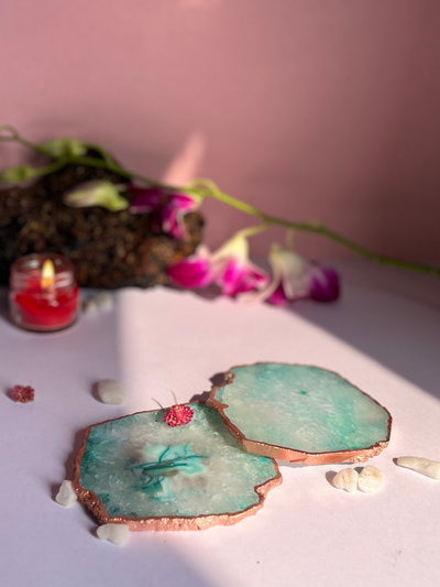 Coaster Set of 2 - Crystal Green Agate with Rose Gold Edging