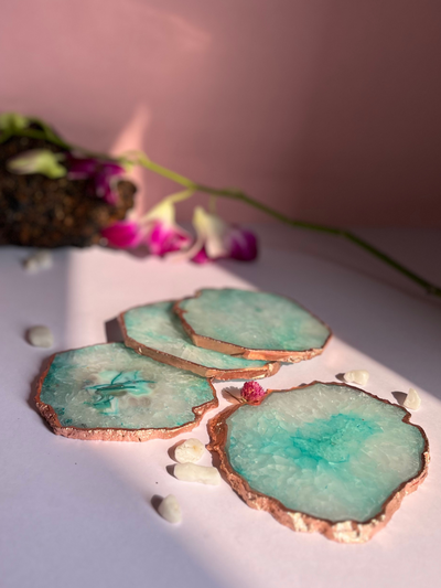 Coaster Set of 4 - Crystal Green Agate with Rose Gold Edging
