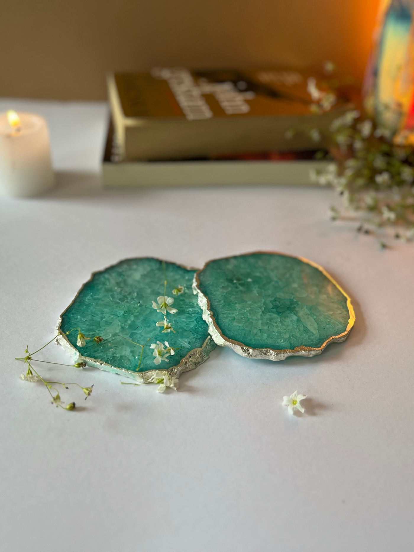 Silver Plated Coaster Set of 2 - Crystal Green Agate