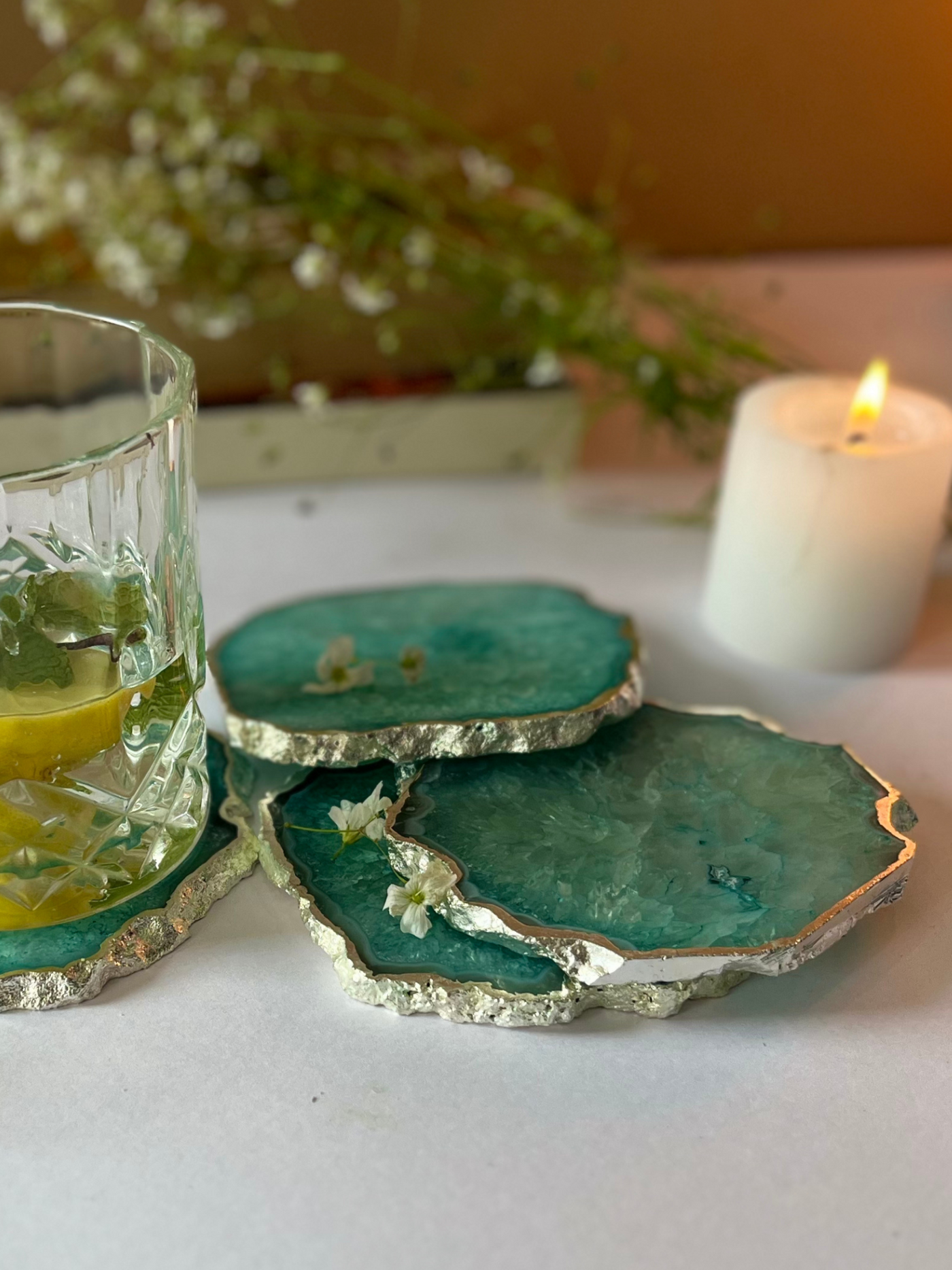 Silver Plated Coaster Set of 4 - Crystal Green Agate