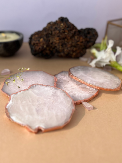Coaster Set of 4 - Crystal Natural White Agate with Rose Gold Edging