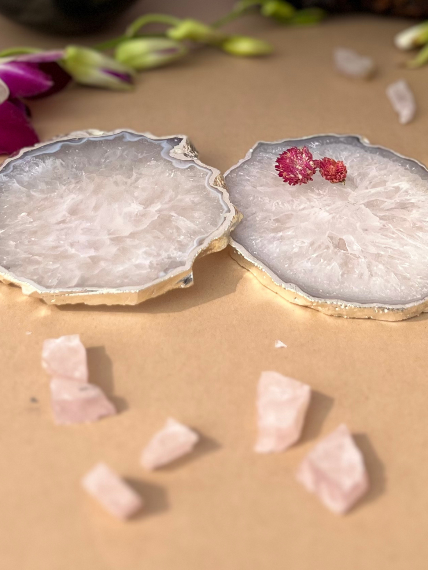 Silver Plated Coaster Set of 2 - Crystal Natural White Agate