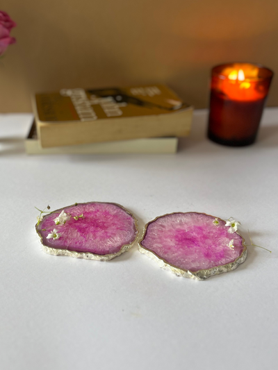 Silver Plated Coaster Set of 2 - Crystal Pink Agate