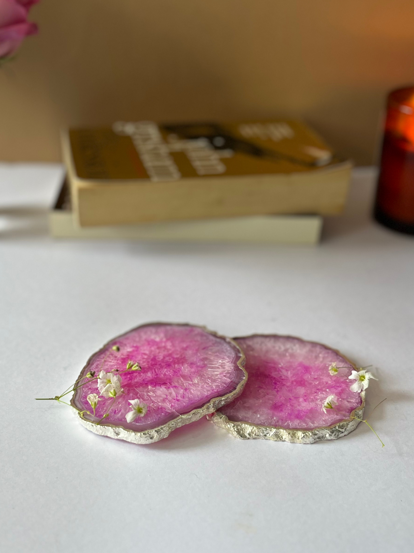 Silver Plated Coaster Set of 2 - Crystal Pink Agate