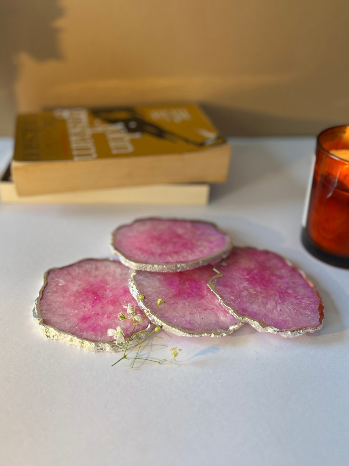 Silver Plated Coaster Set of 4 - Crystal Pink Agate