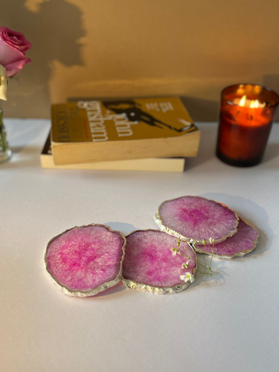 Silver Plated Coaster Set of 4 - Crystal Pink Agate
