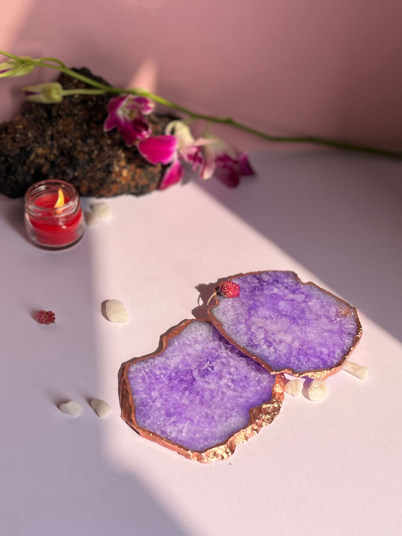 Coaster Set of 2 - Crystal Purple Agate with Rose Gold Edging