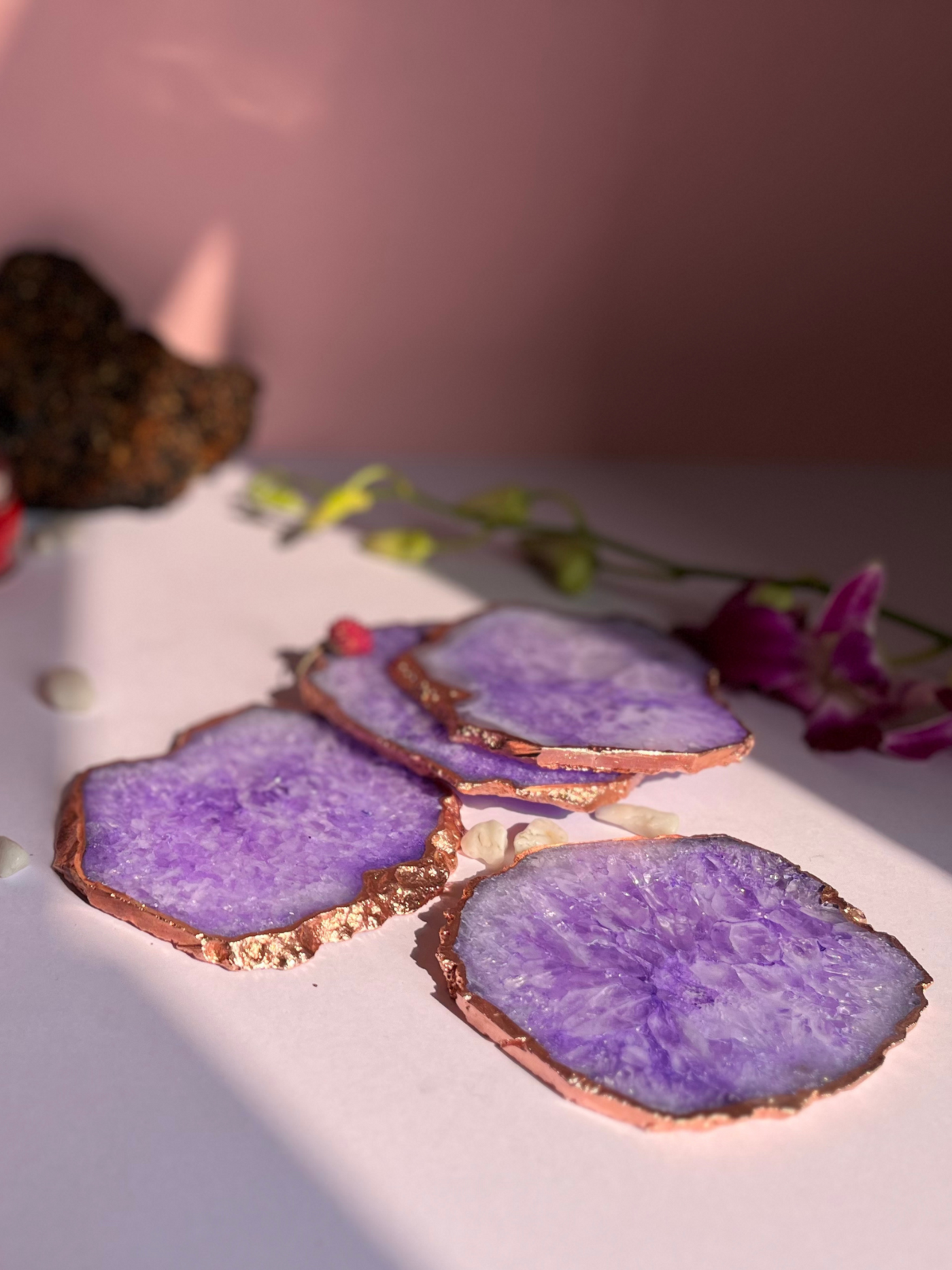 Coaster Set of 4 - Crystal Purple Agate with Rose Gold Edging