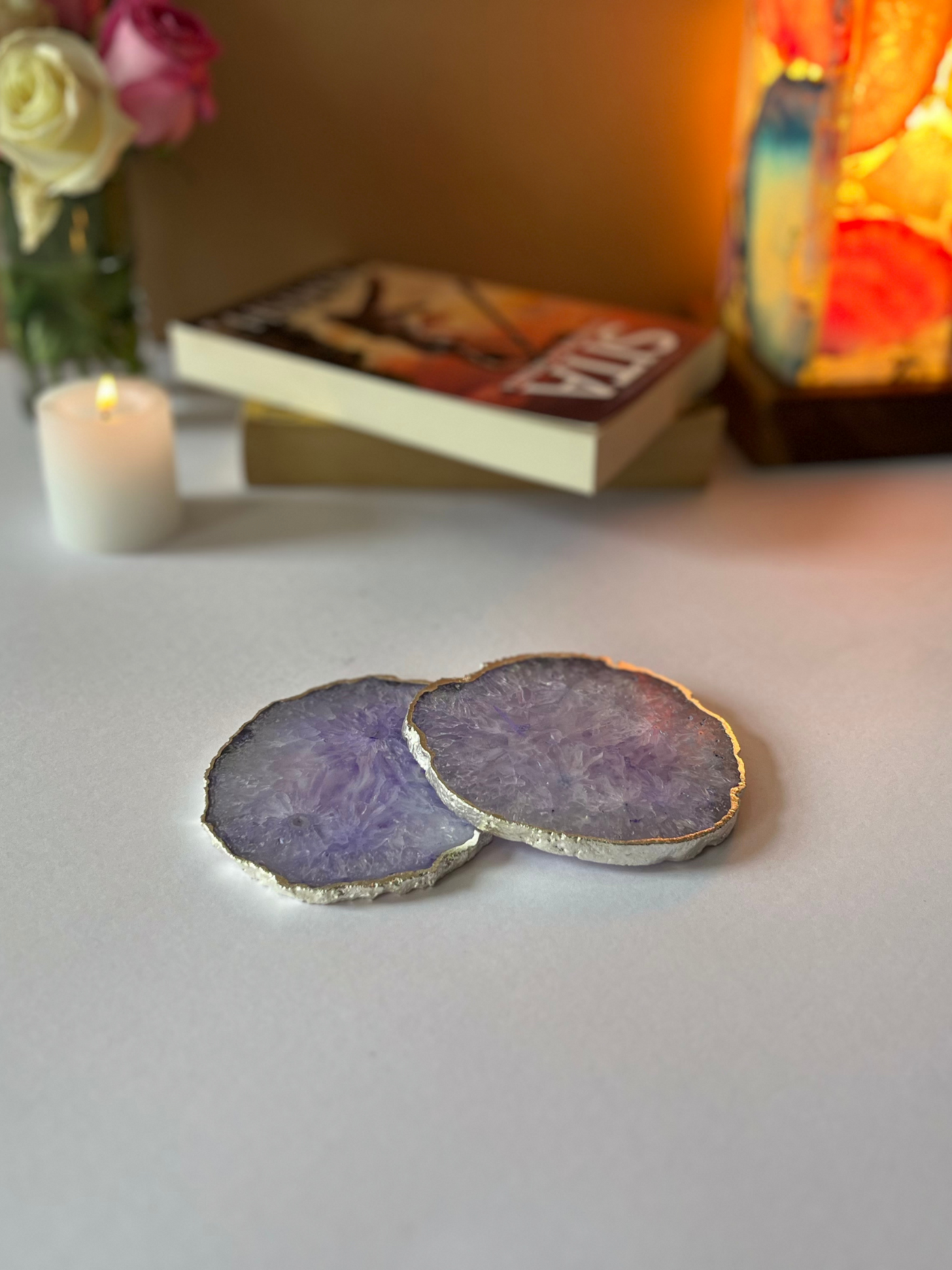 Silver Plated Coaster Set of 2 - Crystal Purple Agate