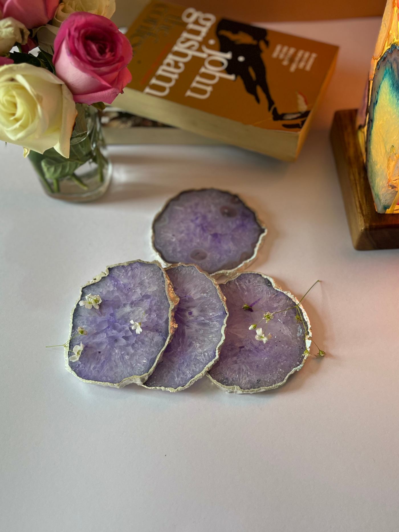 Silver Plated Coaster Set of 4 - Crystal Purple Agate