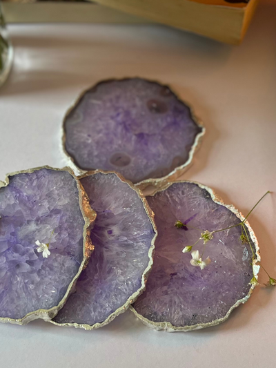 Silver Plated Coaster Set of 4 - Crystal Purple Agate