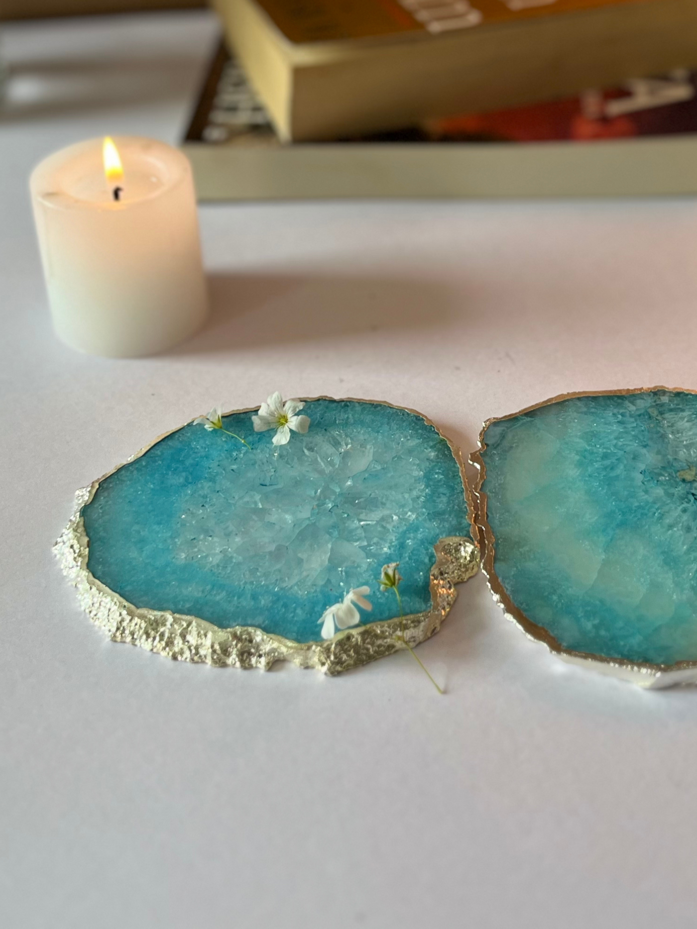 Silver Plated Coaster Set of 2 - Crystal Turquoise Agate