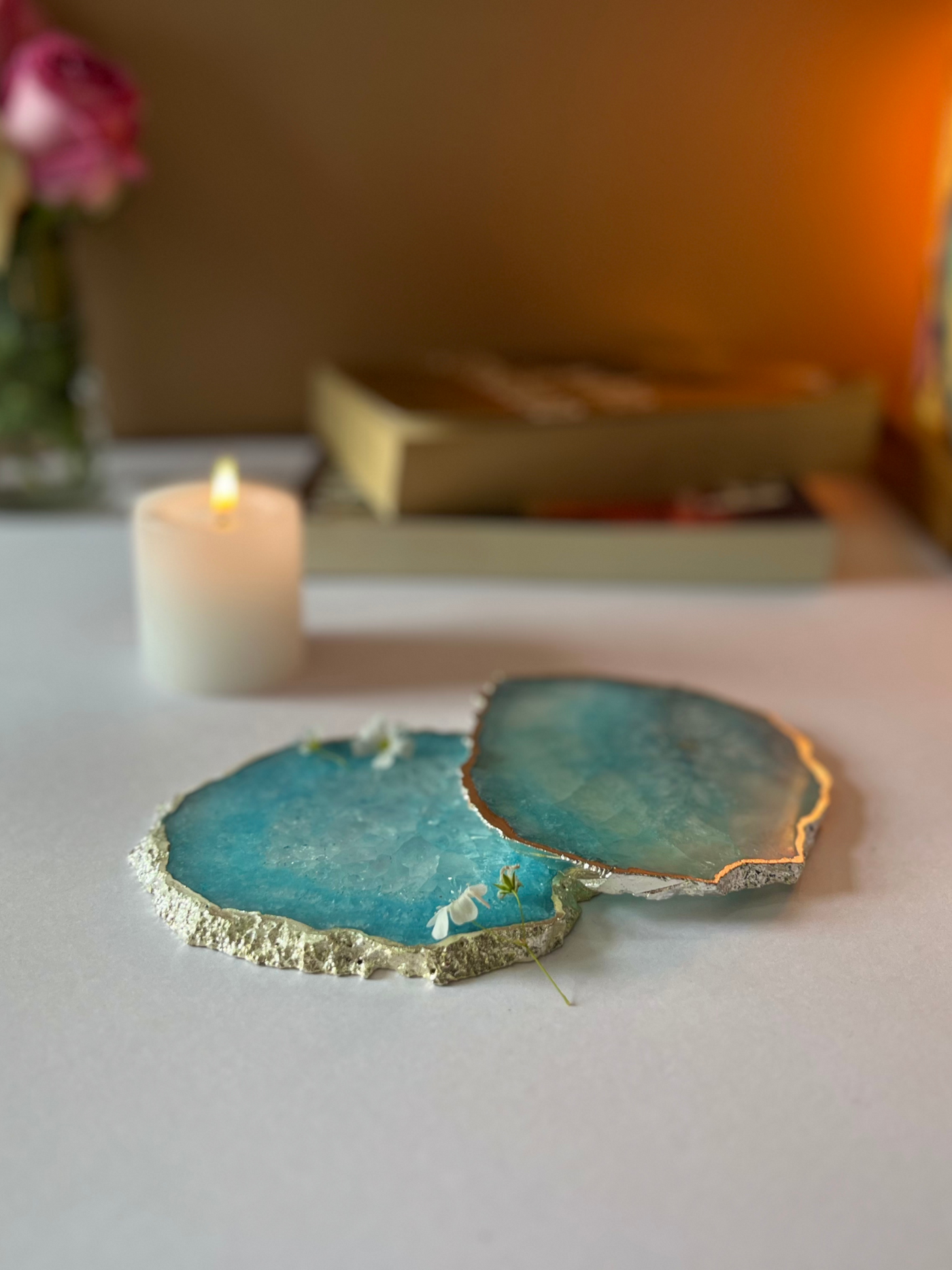 Silver Plated Coaster Set of 2 - Crystal Turquoise Agate