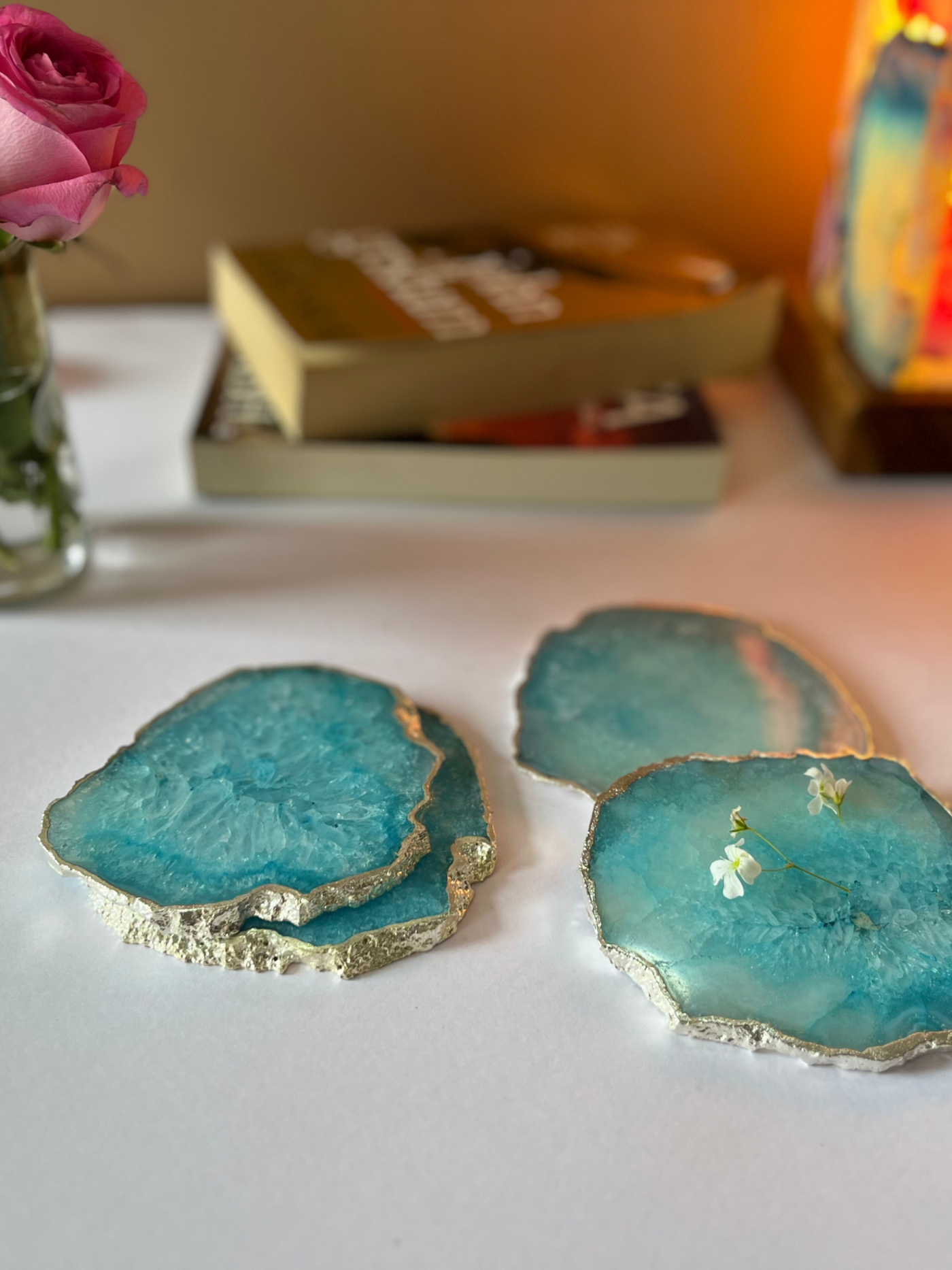 Silver Plated Coaster Set of 4 - Crystal Turquoise Agate