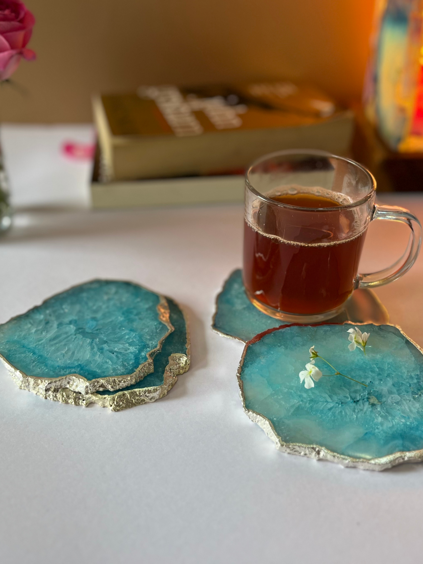 Silver Plated Coaster Set of 4 - Crystal Turquoise Agate