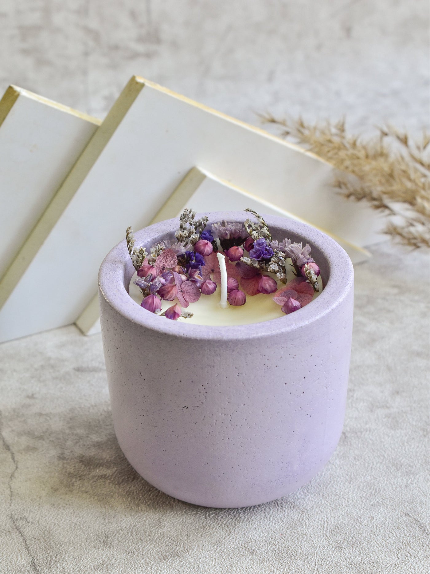 Dryflower & Soy Wax Candle In Purple Concrete Jar