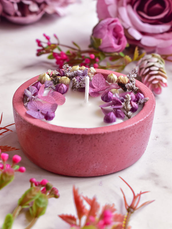Dryflower & Soy Wax Candle In Pink Concrete Jar