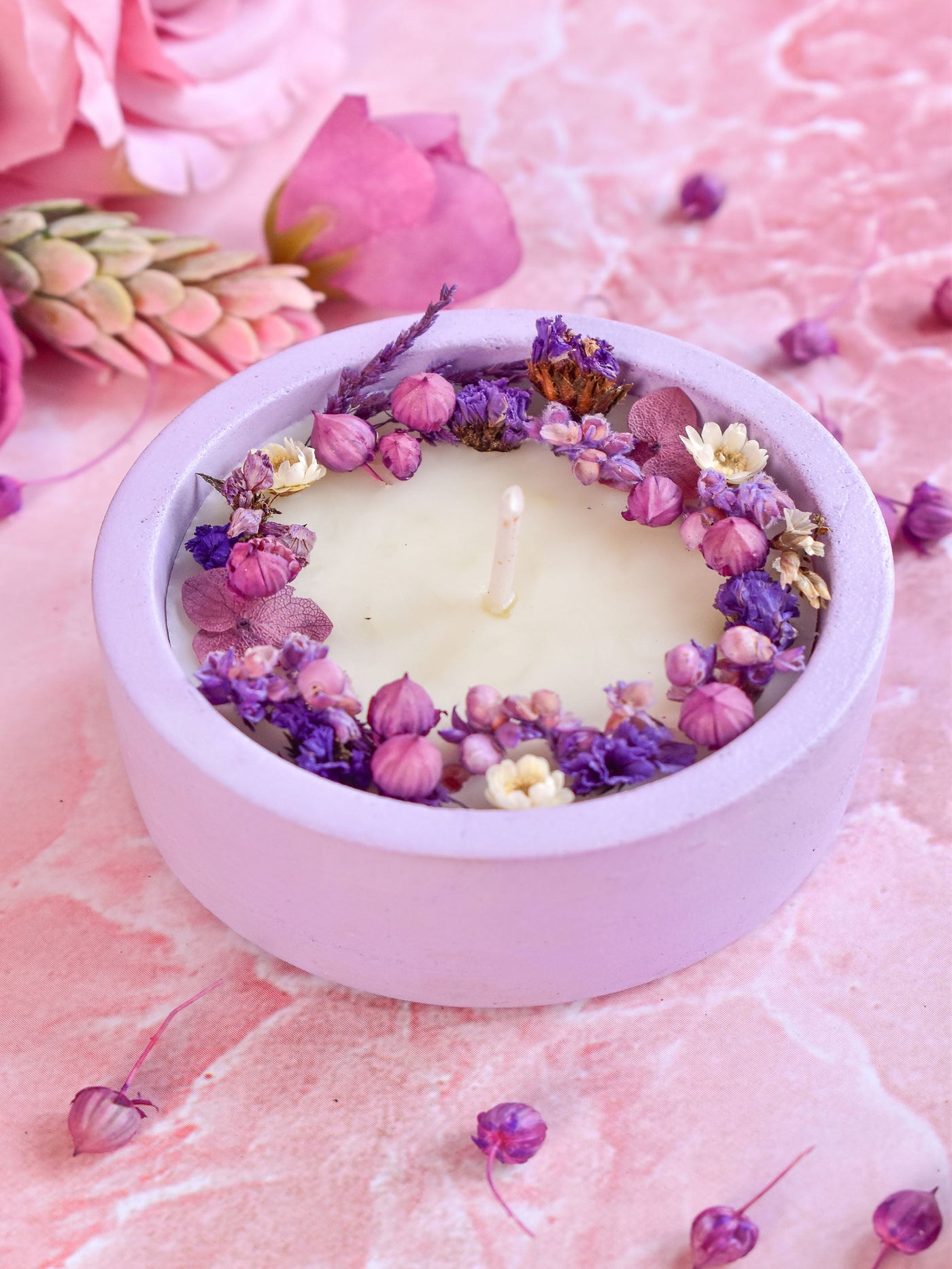 Dryflower & Soy Wax Candle In Purple Concrete Jar