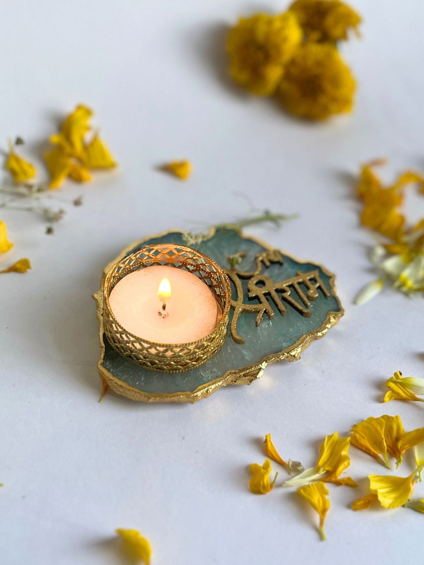 Green Jai Shree Ram Tea Light Candle Holder Set of 2