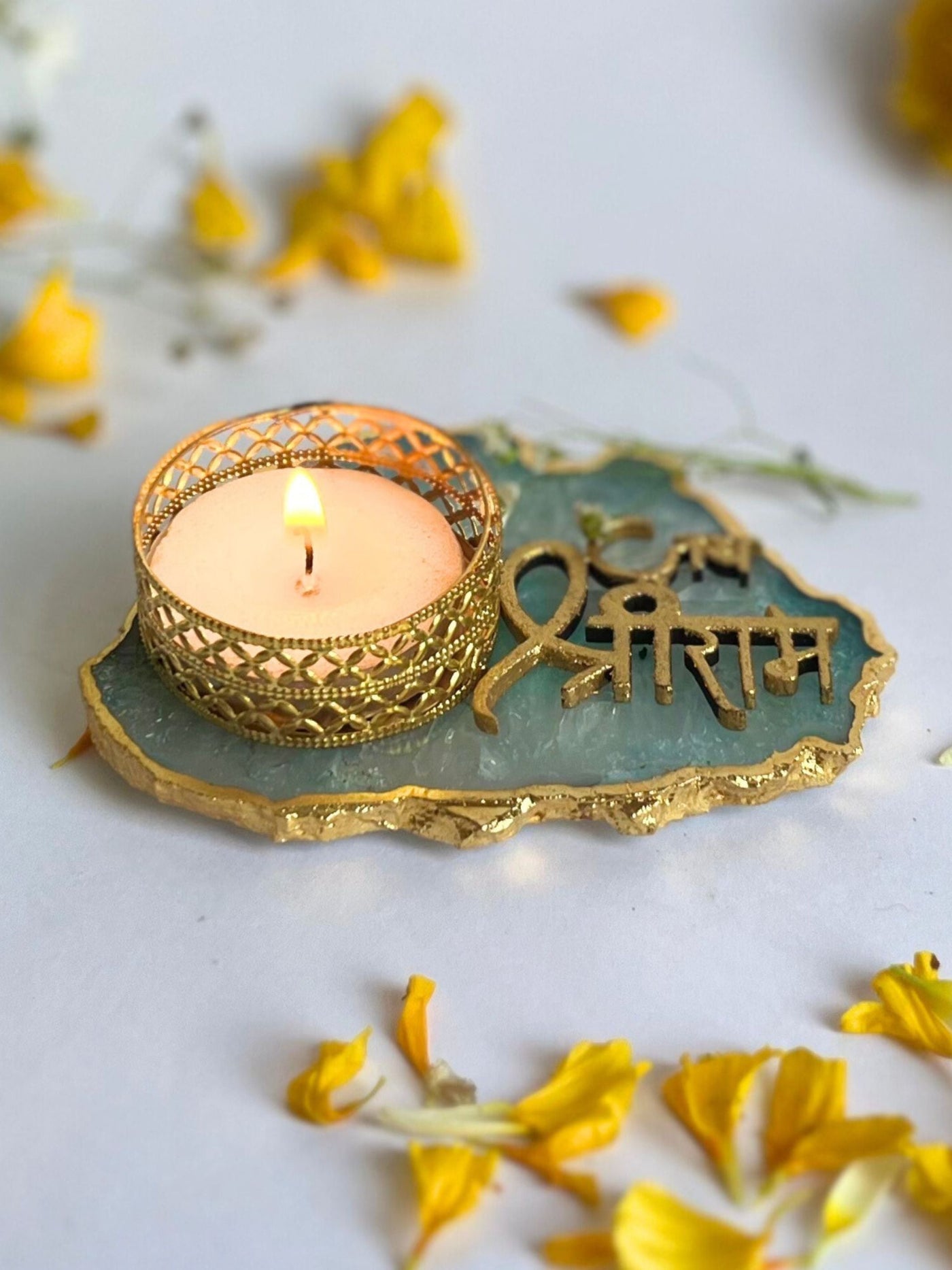 Green Jai Shree Ram Tea Light Candle Holder Set of 2