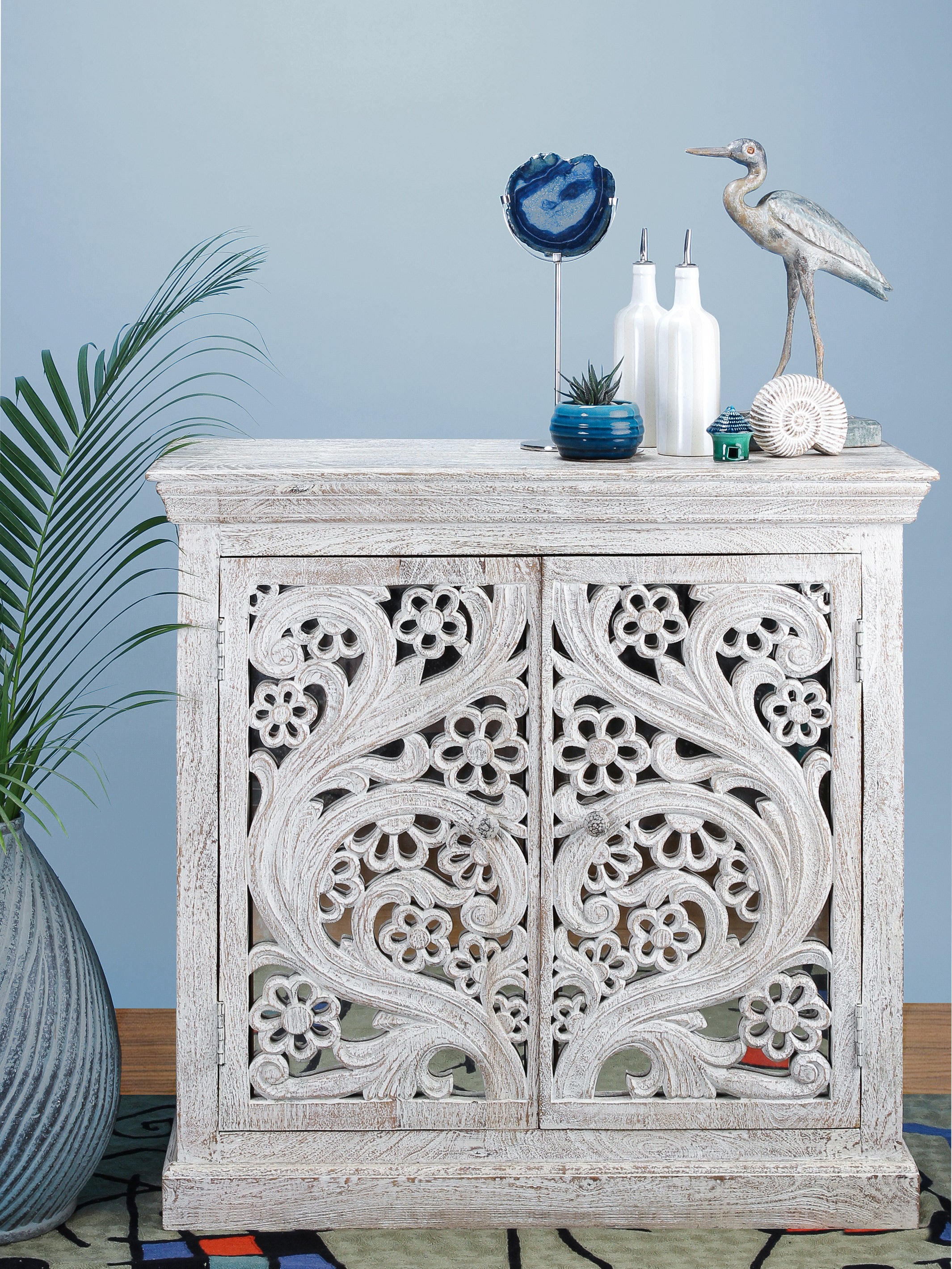 Hand Carved Two Door Cabinet with Mirror Work