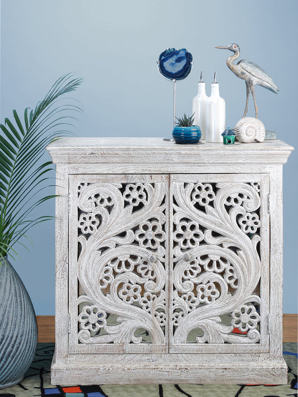 Hand Carved Two Door Cabinet with Mirror Work