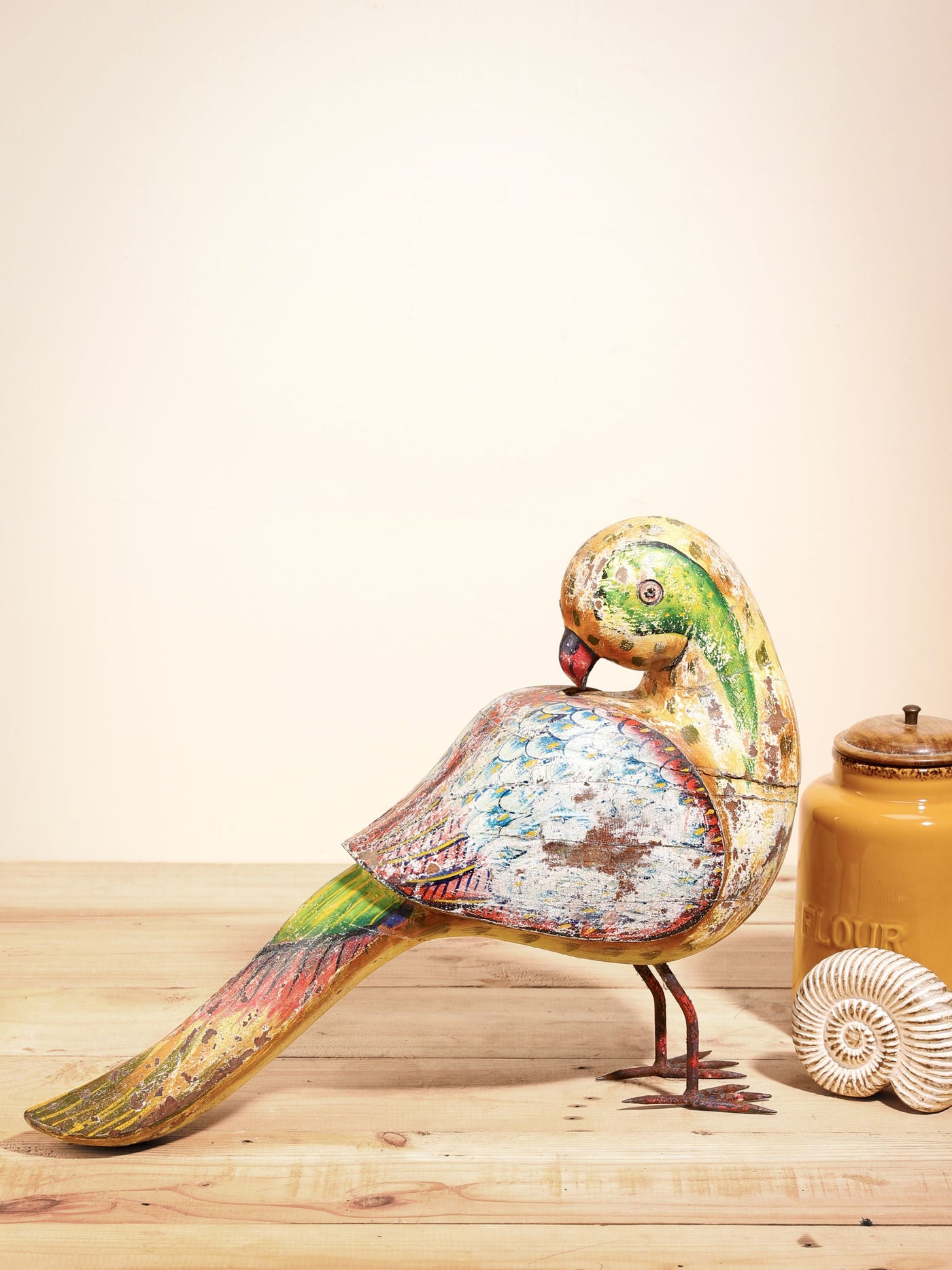 Handcarved & Painted Parakeet with metal legs