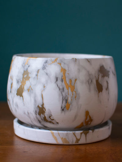 Marble finish Ceramic Planter with Plate- Gold