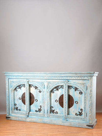 Metal Ornamented Wood Caved Cabinet
